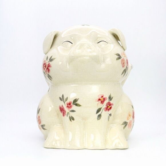 VTG. FLYING ANGEL PIG NIGHT LIGHT RED&PINK FLORAL CRACKLED FINISH WORKS GREAT. - Picture 2 of 10